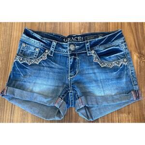 Grace in LA Jean Shorts‎ Sz 26 Women's Embroidered Flap Pocket Stretch Denim USA